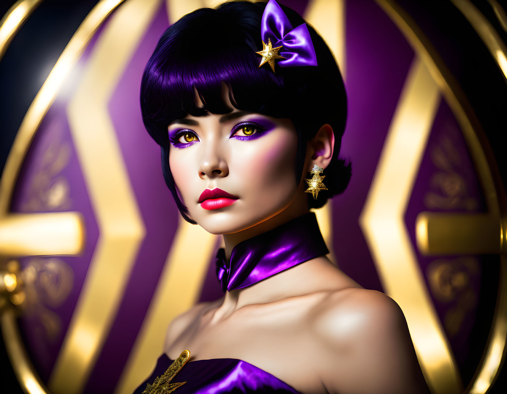 Stylized portrait of woman with purple and gold makeup and star emblem against golden geometric backdrop