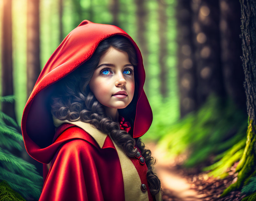 Blue-eyed girl in red cloak with curly hair in magical forest