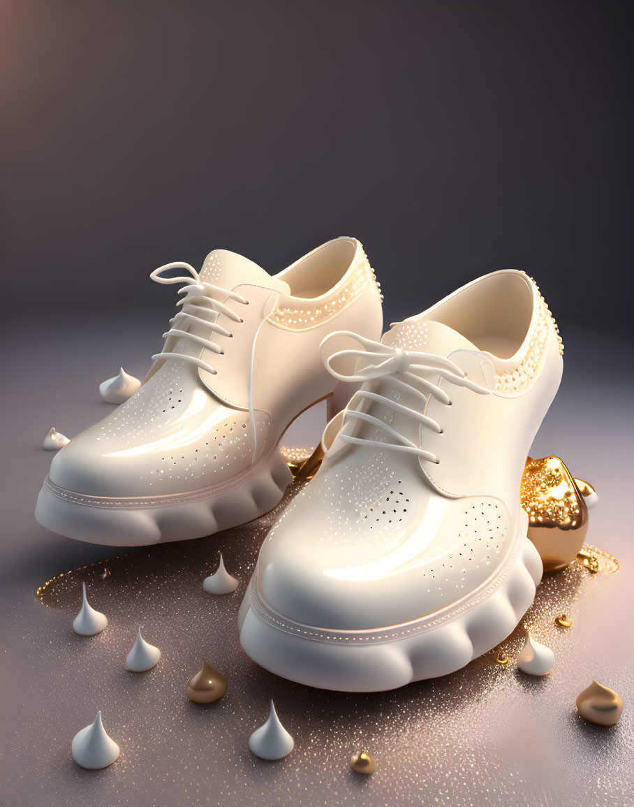 White Classic Brogue Shoes with Thick Soles on Gold Nuggets Surface