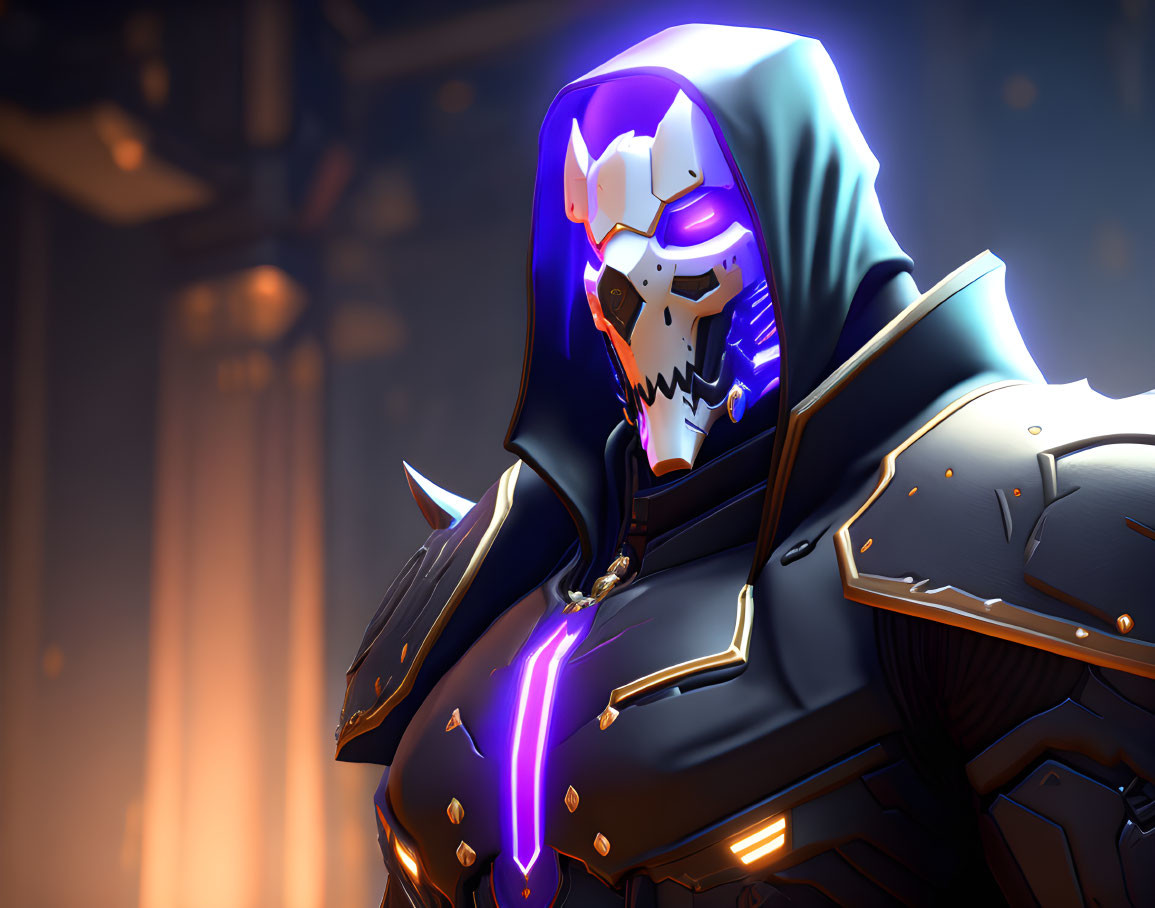 Futuristic knight with glowing purple visor and intricate armor.