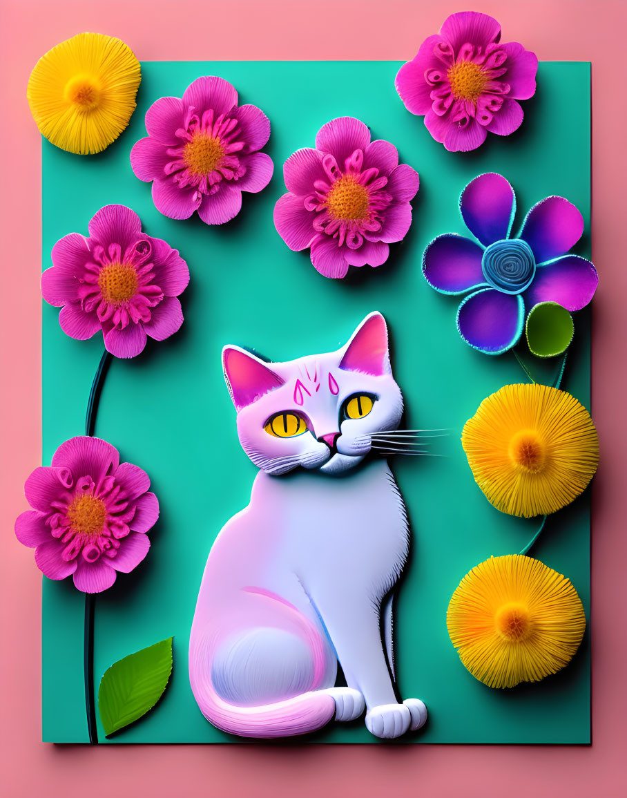 Colorful digital artwork: Stylized white cat with pink and purple flowers on teal background