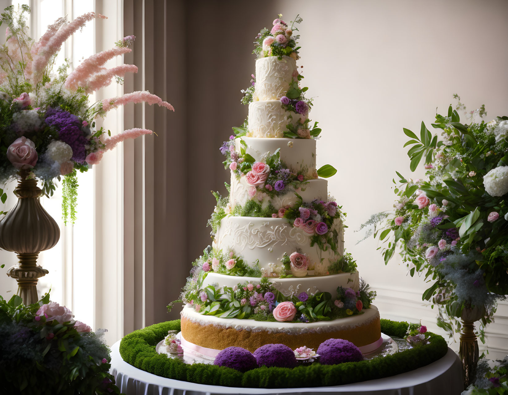 Multi-tier wedding cake with pastel flowers and greenery on table