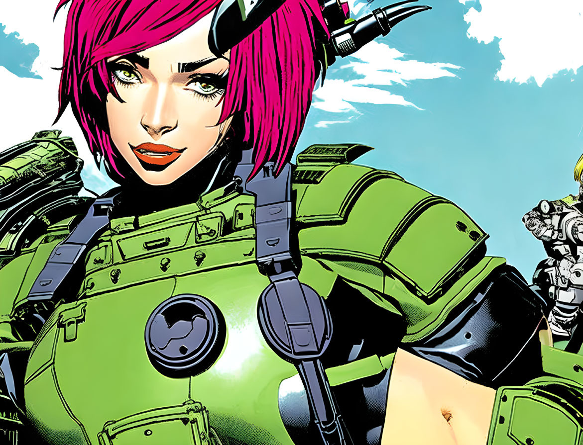 Pink-haired woman in green futuristic armor smiles under blue sky, with distant figure.