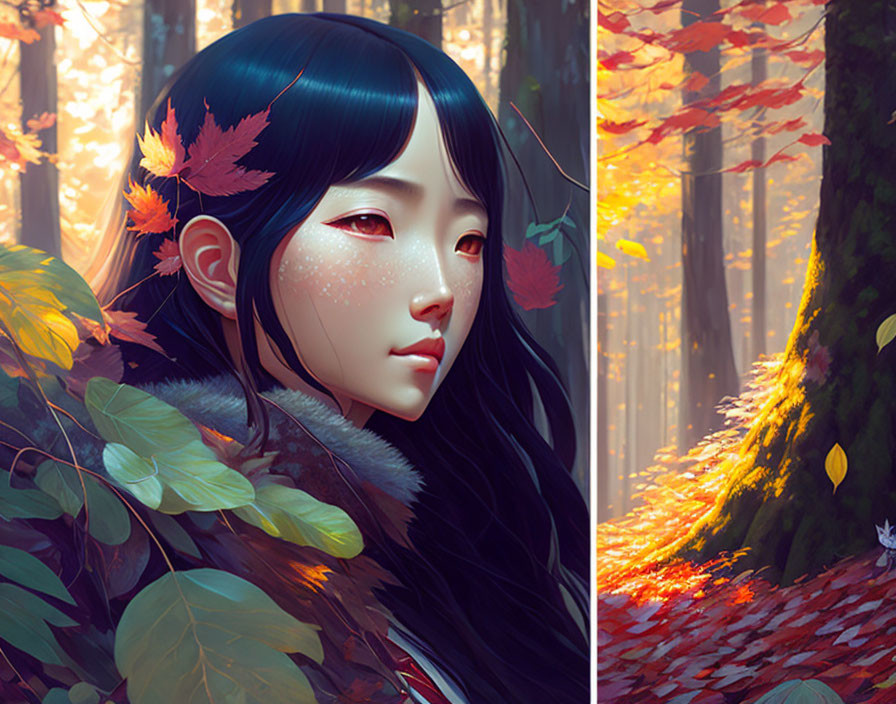 Illustrated portrait of woman with black hair in forest with autumn leaves and warm sunlight