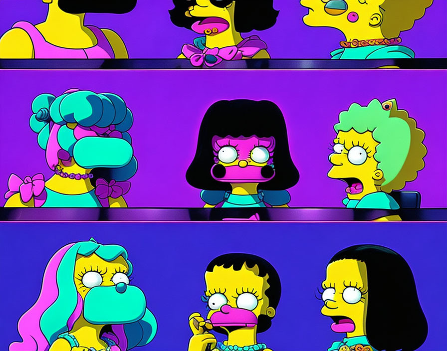 Yellow-skinned female cartoon characters with varied hairstyles and expressions on a purple background.