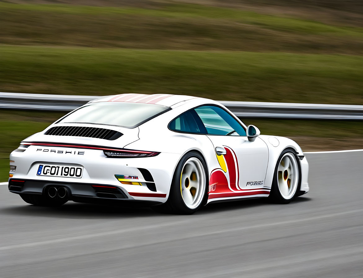 Custom red and yellow livery on white Porsche 911 racing on track