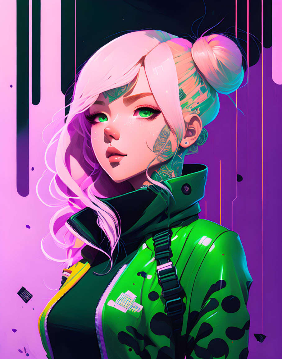 Illustrated character with white hair, green tattoos, and piercings in green jacket on pink and