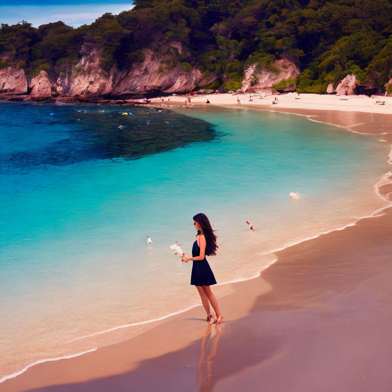 Woman in hat and dress on beach with seagulls and forested cliff