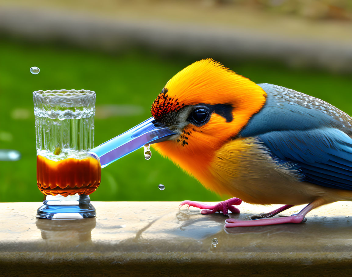 Vibrant yellow and blue bird drinking from glass straw