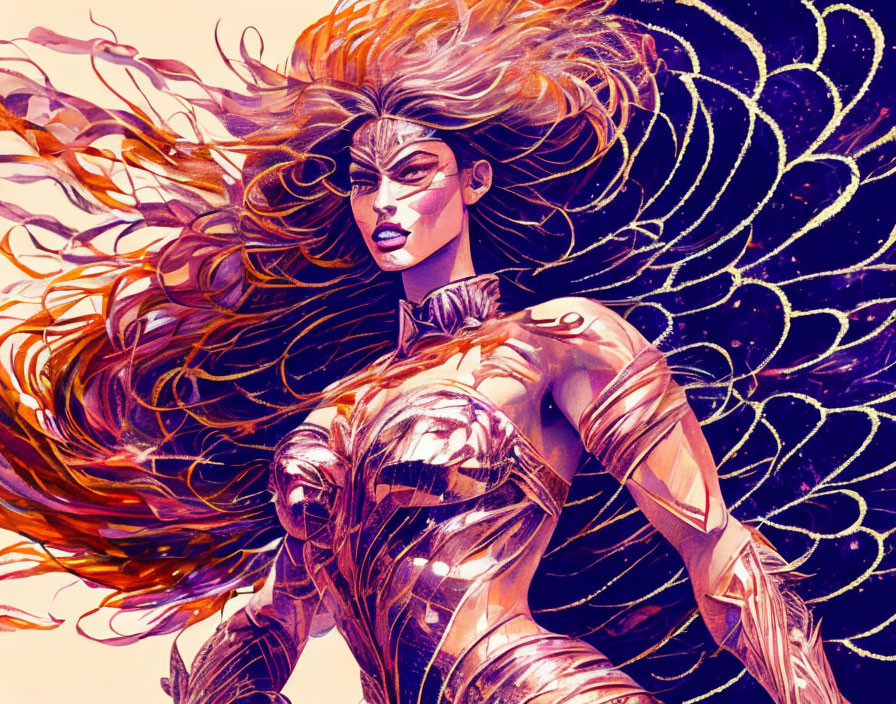 Dynamic superheroine illustration in metallic suit with flowing hair against cosmic backdrop