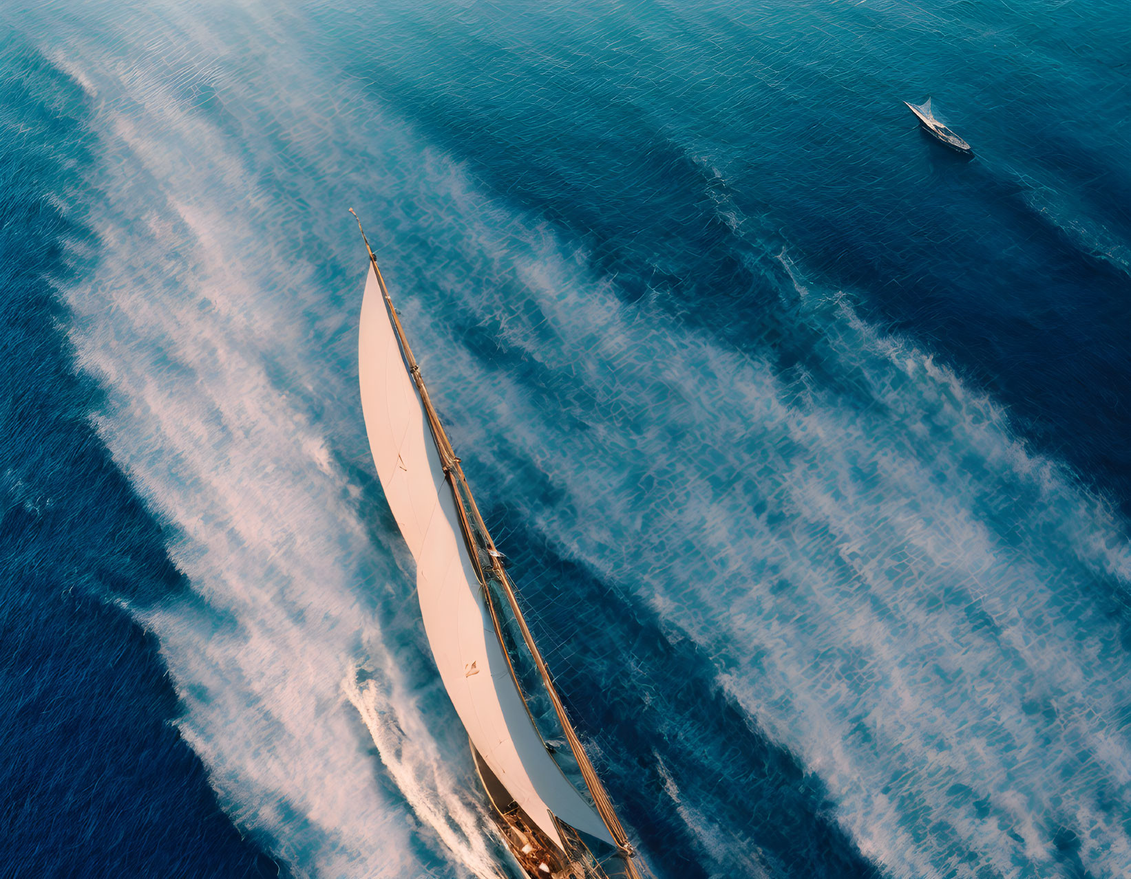 Large sailboat racing on deep blue sea with smaller boat trailing behind