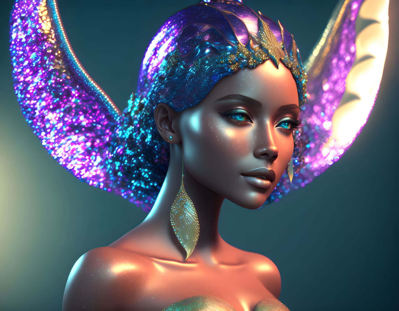 Digital artwork featuring woman with butterfly wings hair, crystal crown, radiant skin on teal backdrop