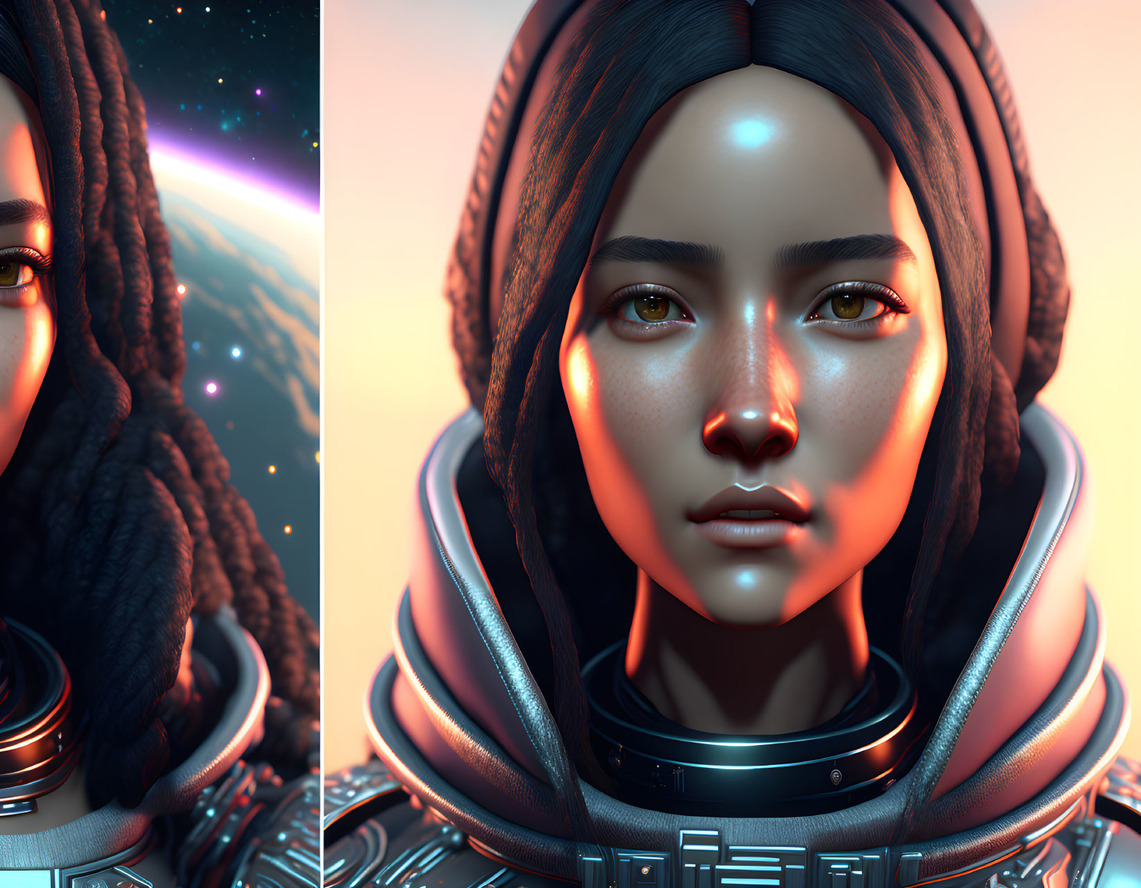 Detailed Close-Up of Female in Futuristic Attire Against Cosmic Backdrop