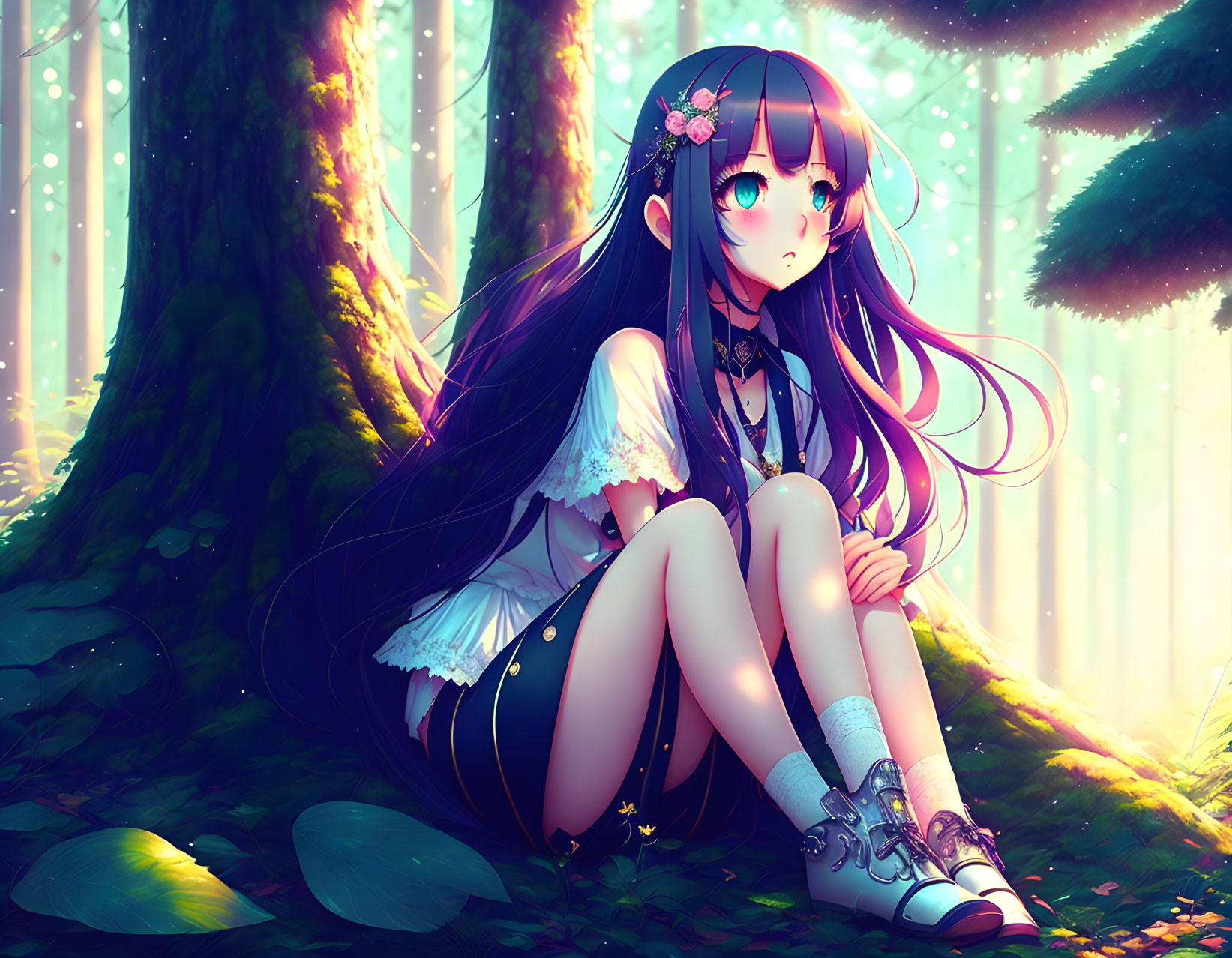 Dark-haired anime girl sitting in sunlit forest surrounded by trees.