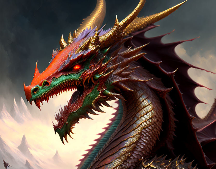 Red Dragon with Glowing Eyes and Sharp Horns in Dramatic Sky