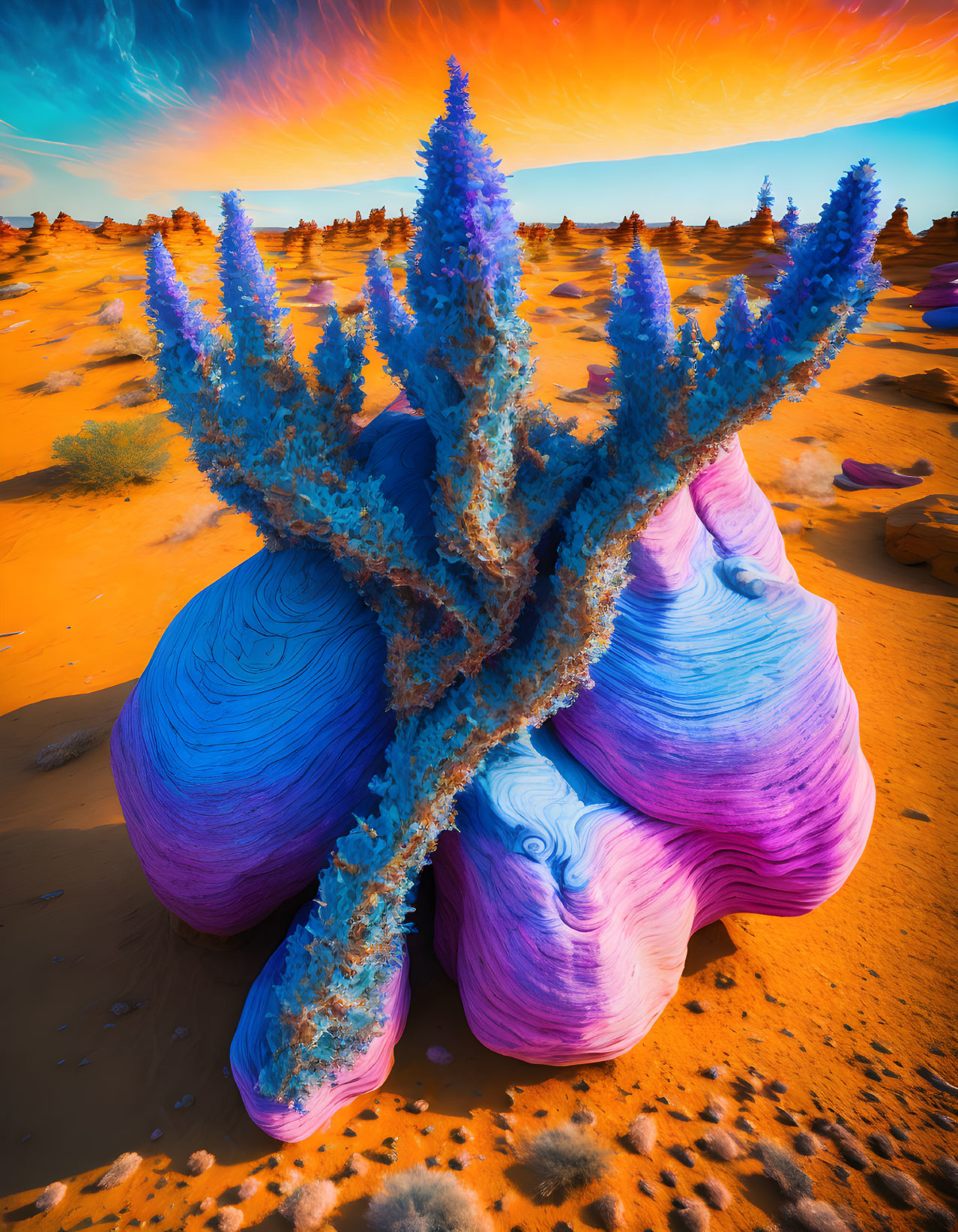 Surreal desert landscape with purple and blue rock formations and luminous blue plant