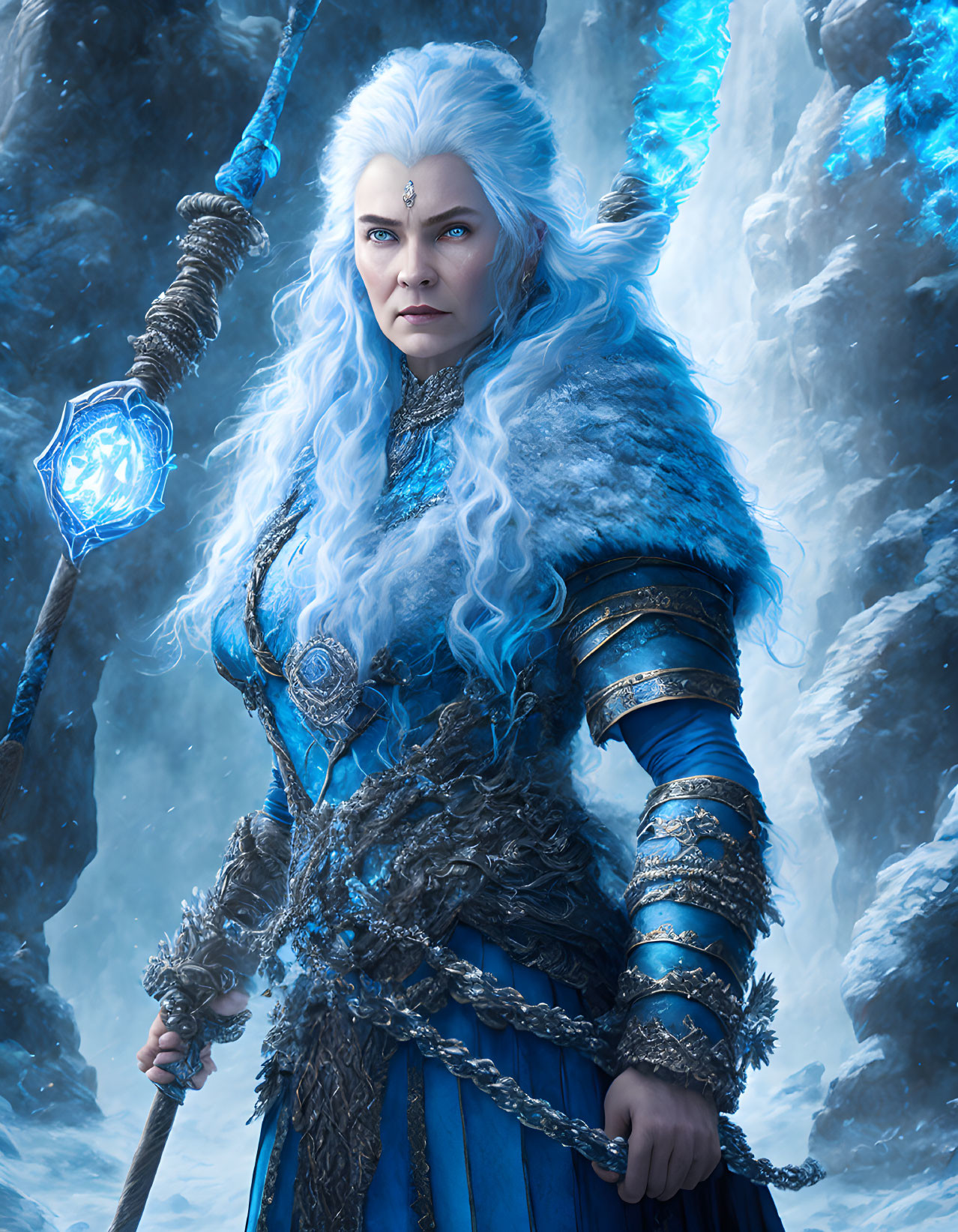 Warrior woman in blue armor with crystal staff in snowy landscape