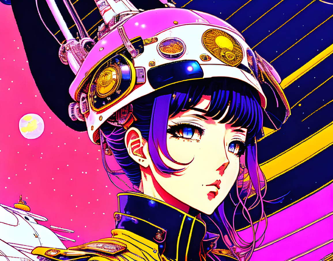 Futuristic anime-style female character with cosmic helmet and background