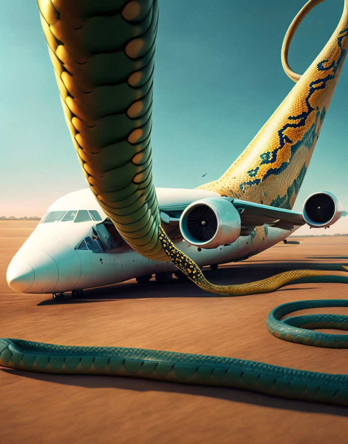 Airplane on Tarmac Wrapped by Giant Snake Coils