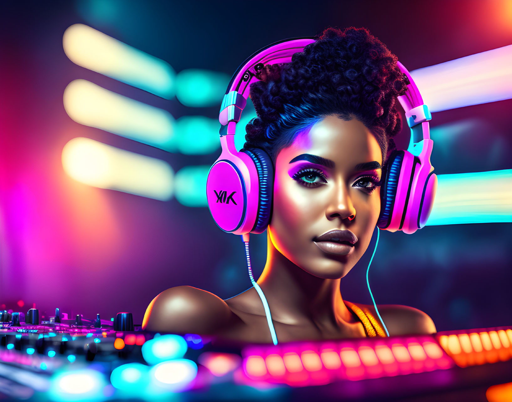 Female DJ with Vibrant Makeup and Pink Headphones in Colorful Club Setting