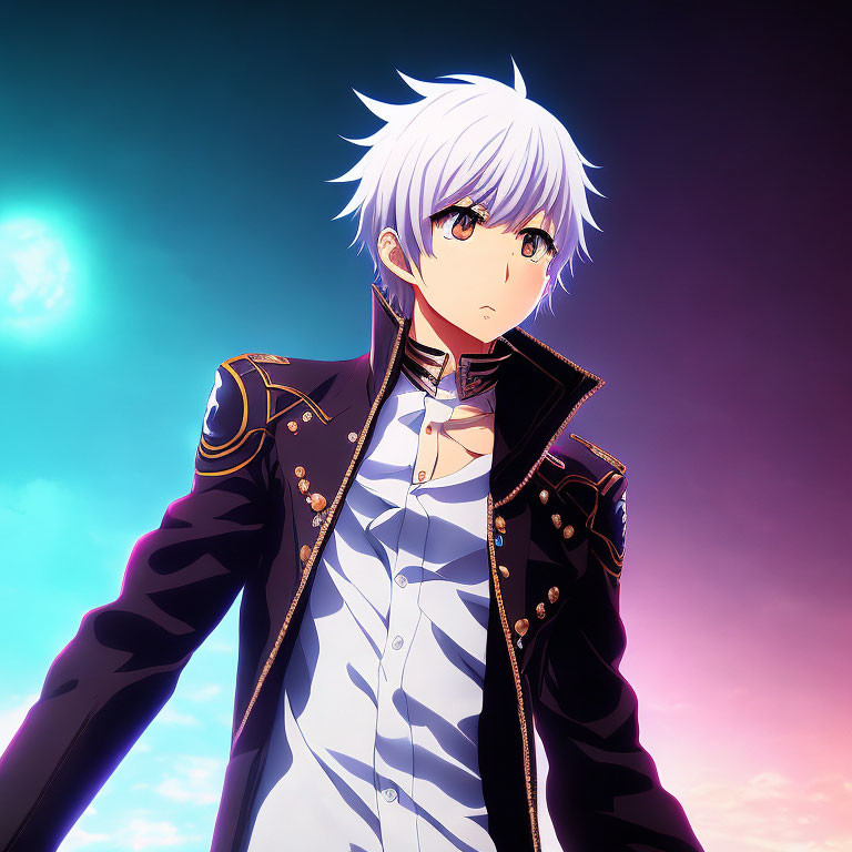 White-Haired Anime Character in Black and Gold Military Uniform on Pink and Blue Sky Background