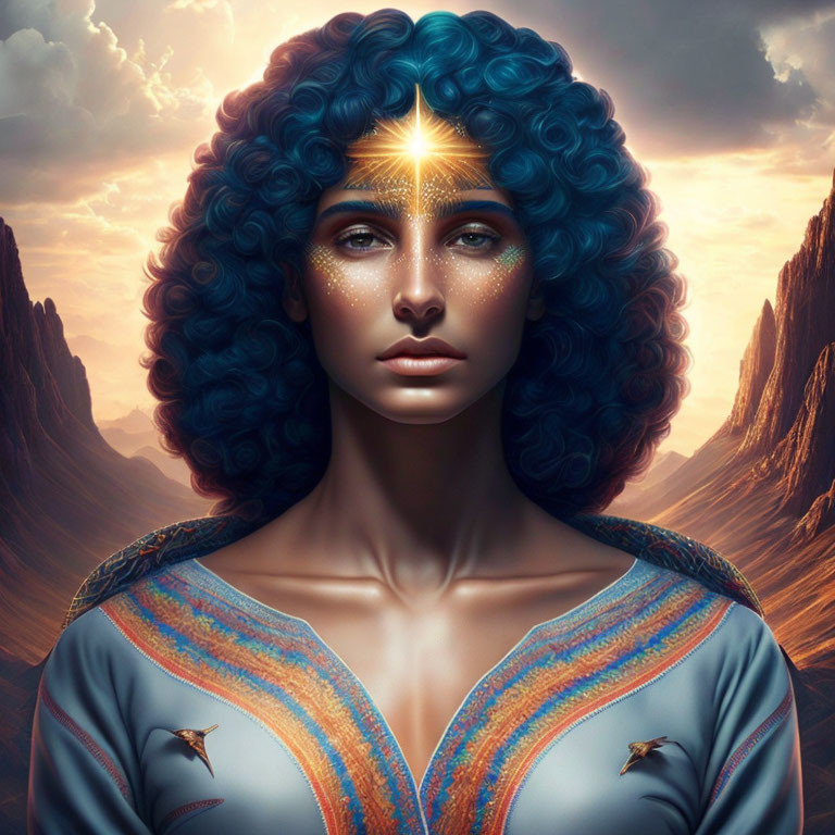 Digital artwork featuring woman with blue curly hair and glowing star in mystical canyon setting.