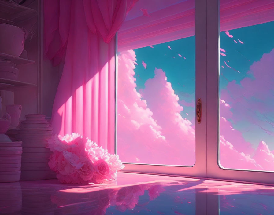 Glossy floor, pink curtains, plates, roses, pink sky with clouds