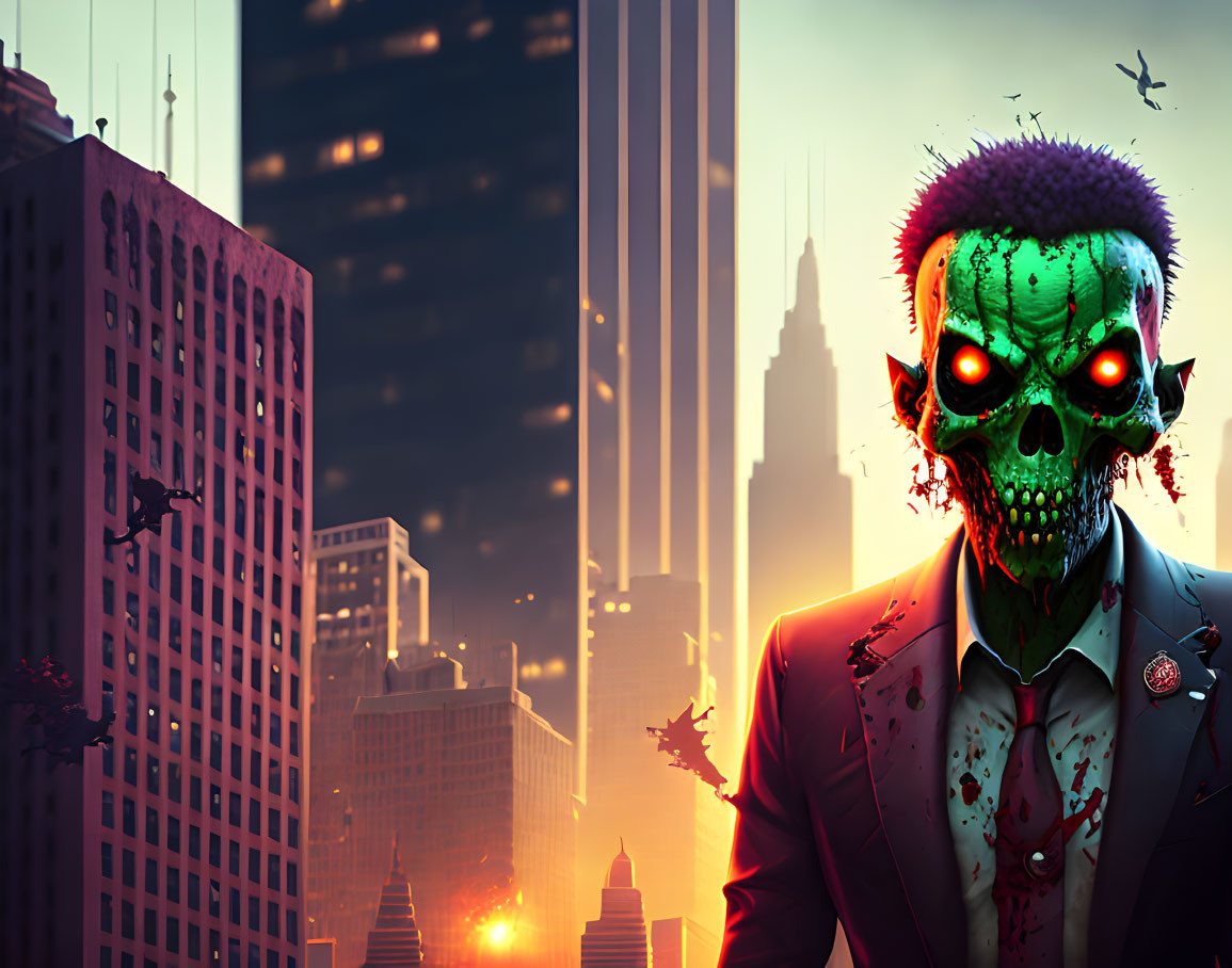 Digital Artwork: Zombie in Suit with Glowing Red Eyes in Ominous Cityscape