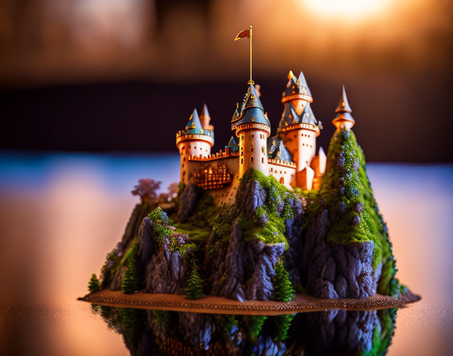 Miniature castle with spires on moss-covered rock above reflective surface