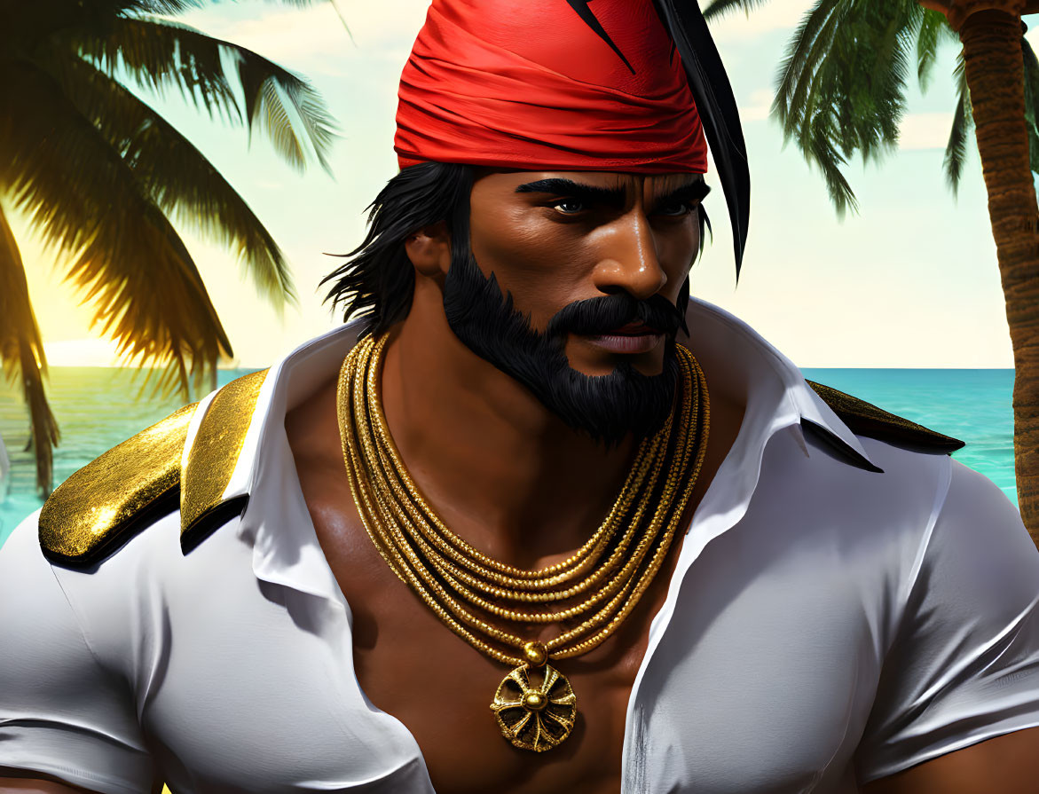 Animated character with red bandana and gold accessories on tropical beach.