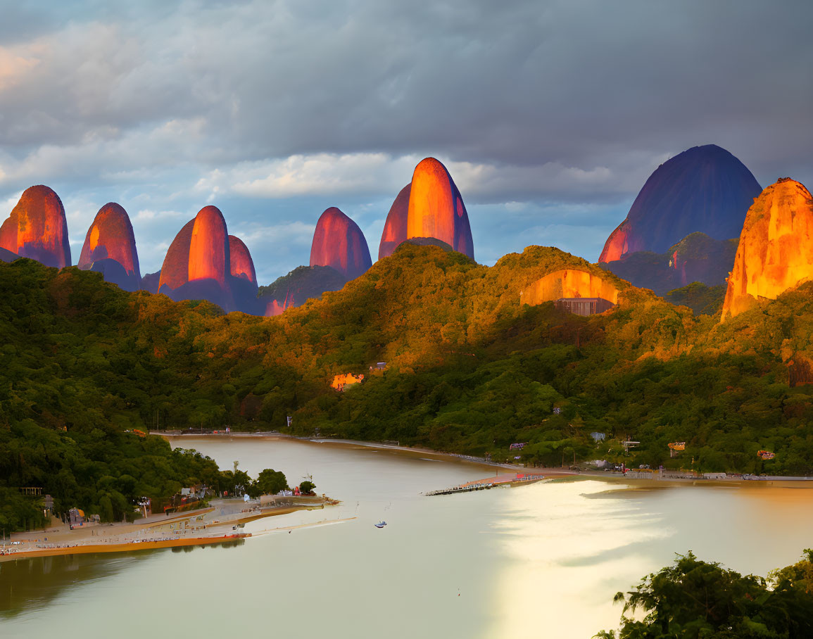 Sunset River Landscape with Mountain Peaks and Greenery