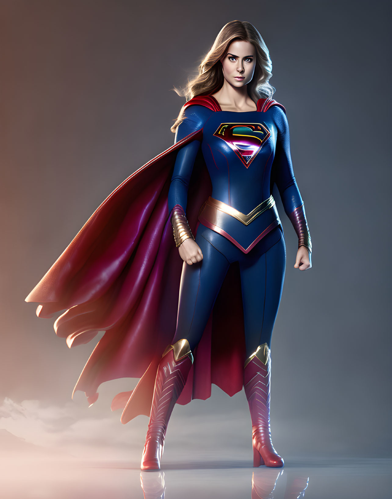 Female superhero 3D render in blue and red suit with cape