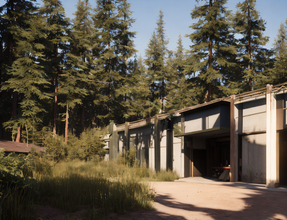 Modern concrete building surrounded by tall pine trees in sunlight.