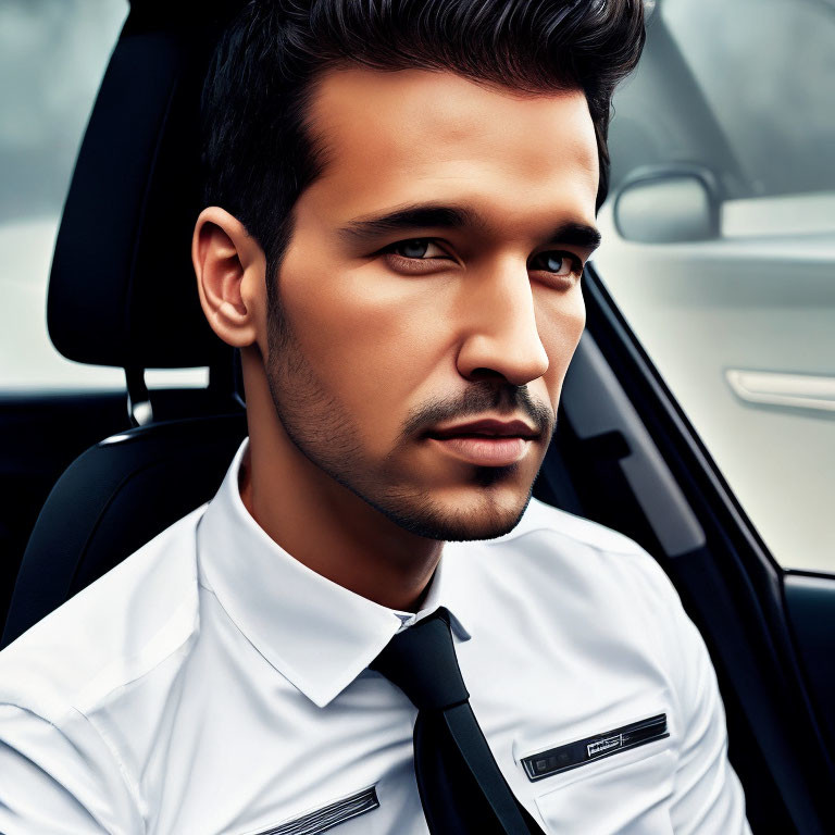 Stubble-bearded man in white shirt and black tie in car