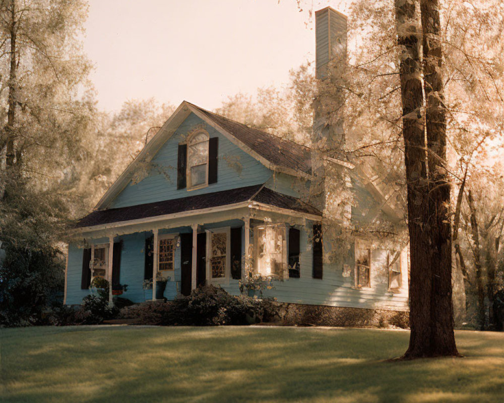 Blue house surrounded by trees in serene setting with golden light