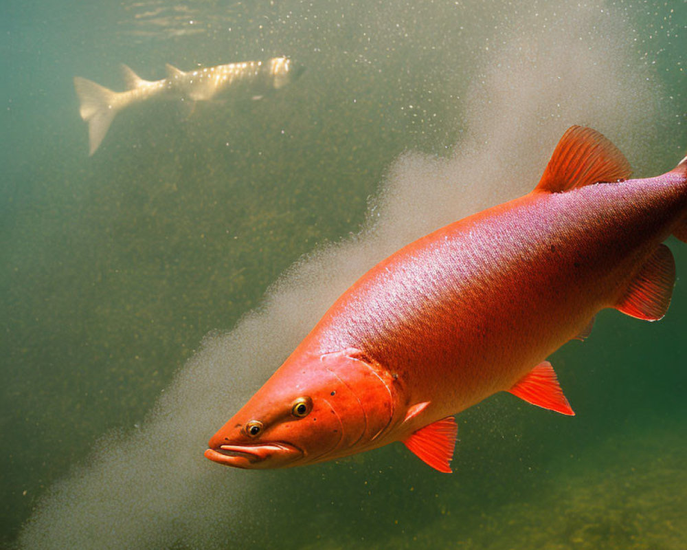 Colorful Red Fish Swimming Underwater with Distinct Fins and Bubbles