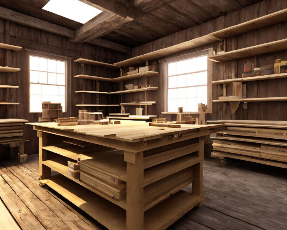 Wooden carpentry workshop with workbenches, tools, and large windows