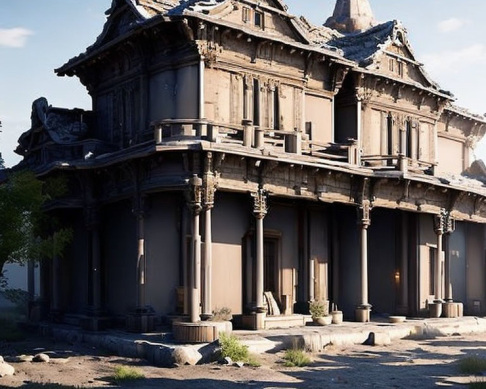 Deteriorating two-story mansion with intricate wooden details in overgrown surroundings