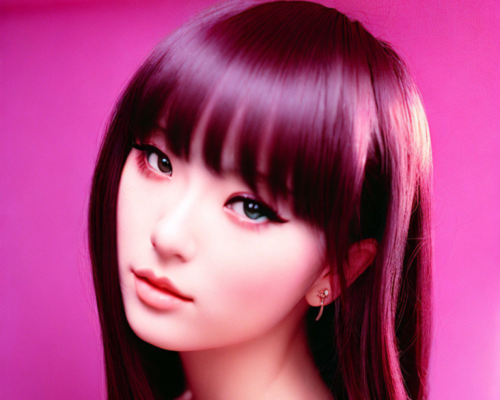 Sleek black hair girl in digital art on pink background