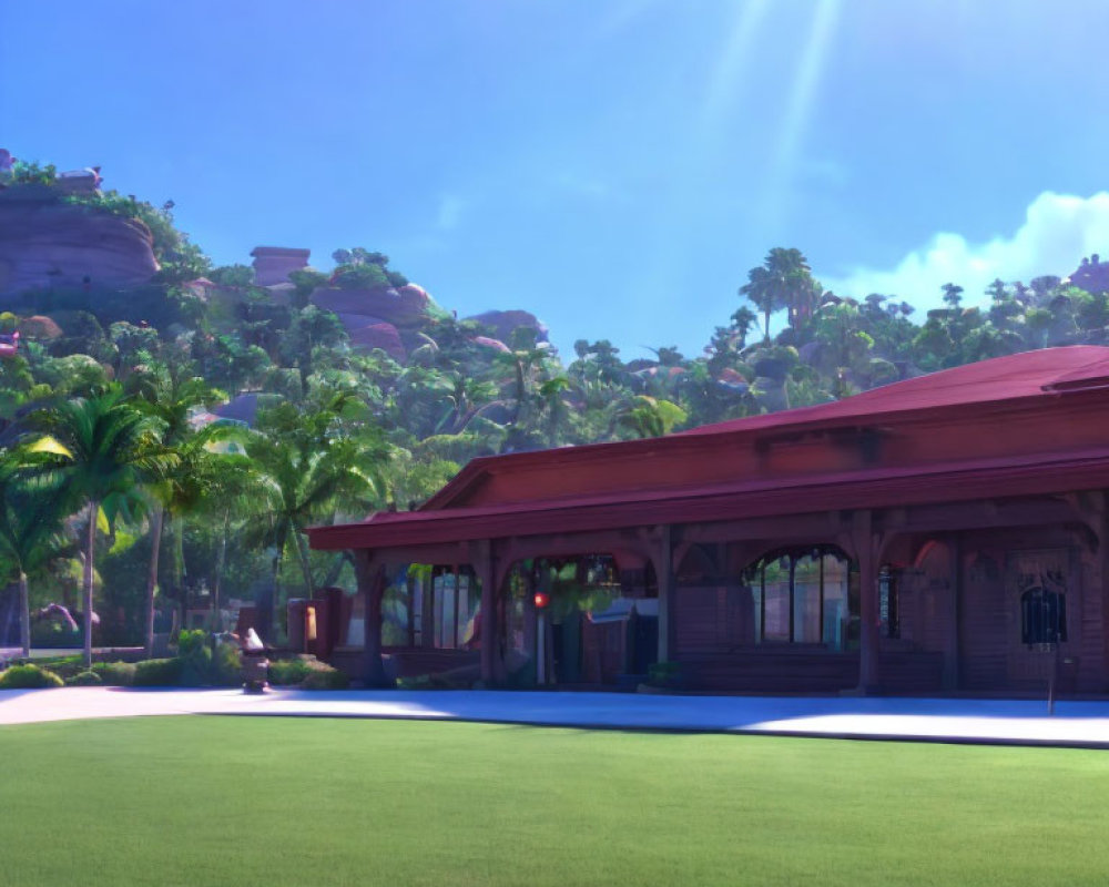 3D-rendered tranquil scene with red-roofed building, greenery, palm trees, hills