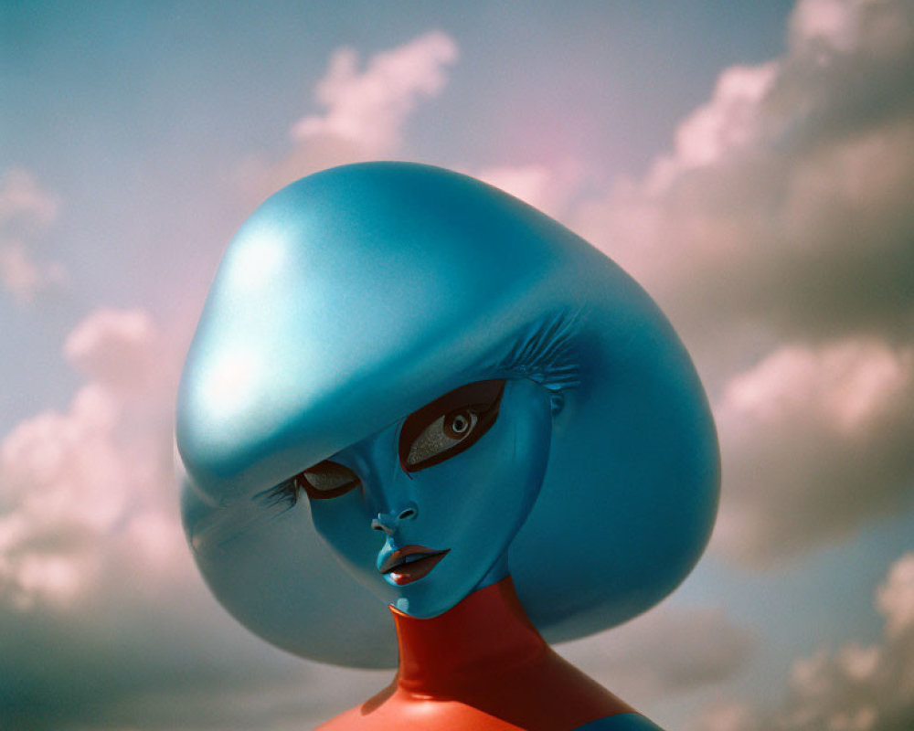 Surreal humanoid figure with oversized blue head and black eyes.