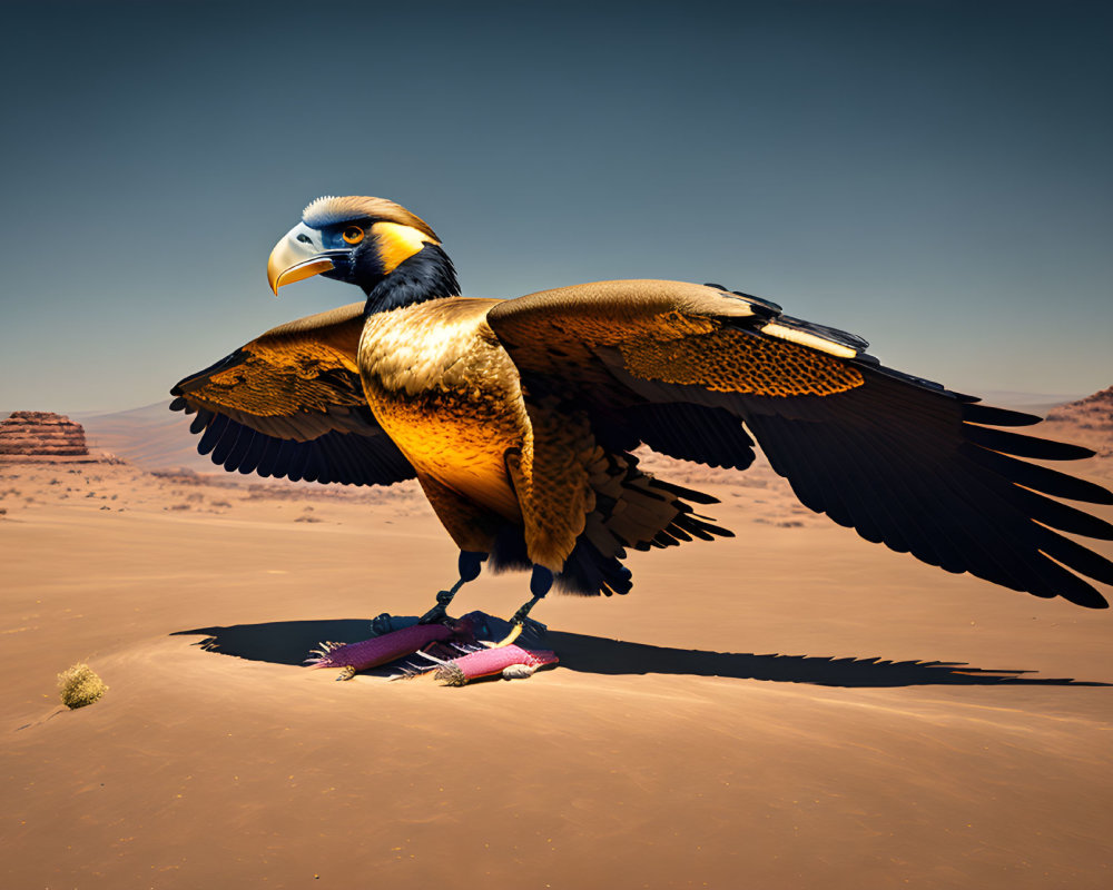 Surreal image: Eagle-bodied bird with mandrill head in desert landscape