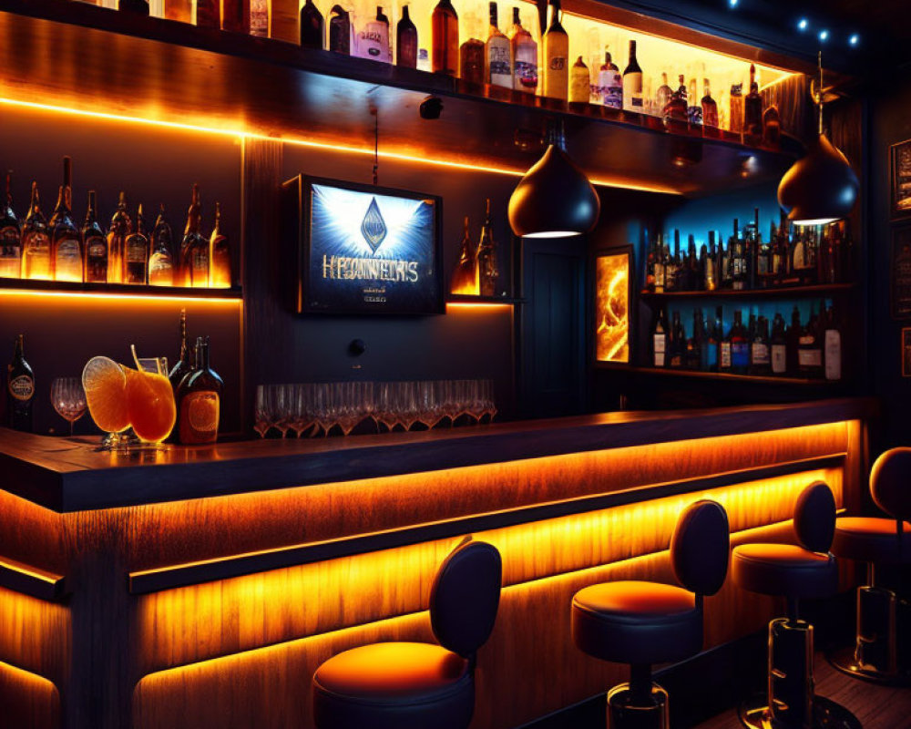 Modern bar with ambient lighting, shelves of bottles, stools, and flat-screen TV.