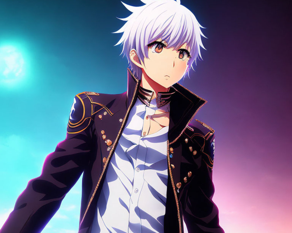 White-Haired Anime Character in Black and Gold Military Uniform on Pink and Blue Sky Background