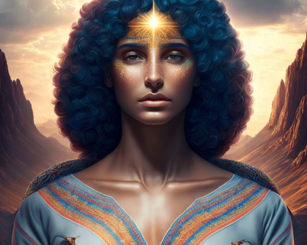 Digital artwork featuring woman with blue curly hair and glowing star in mystical canyon setting.