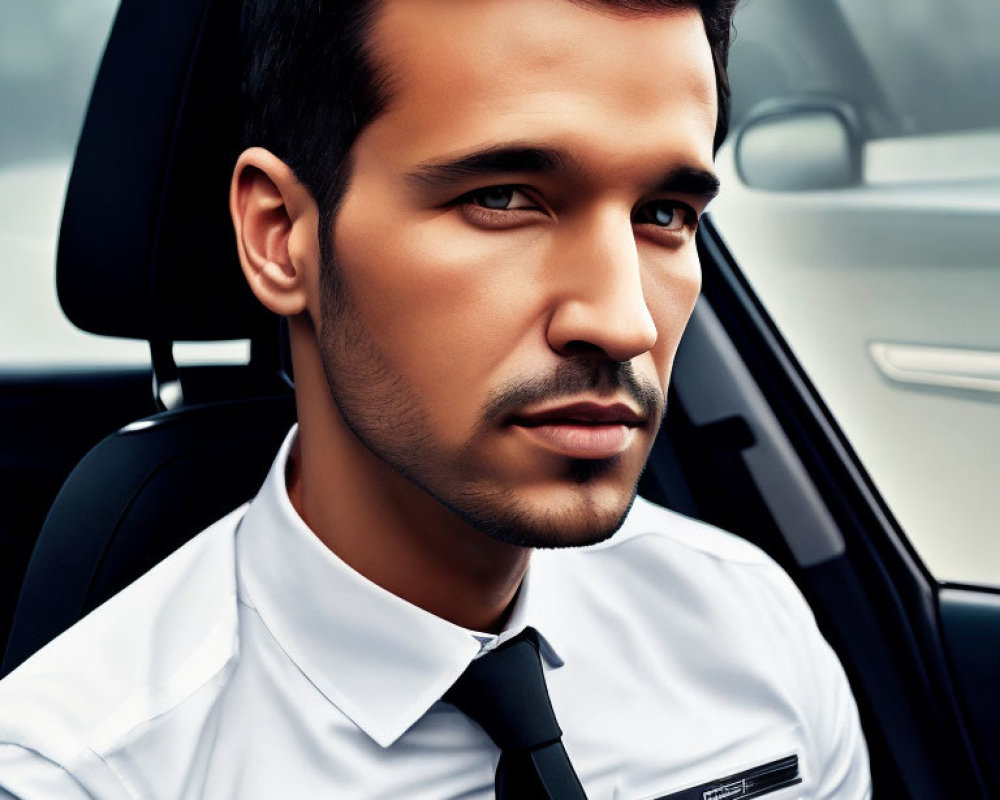 Stubble-bearded man in white shirt and black tie in car