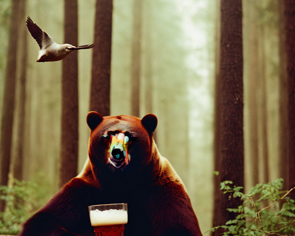 Bear with beer in misty forest clearing with bird flying.