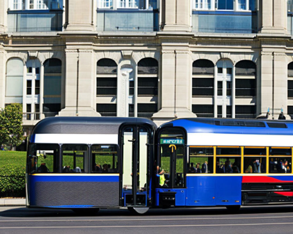 Modern tram in blue and red stops near classic building on sunny day