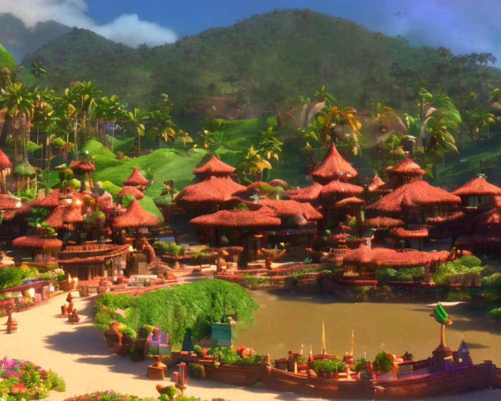 Scenic tropical village with thatched-roof huts and lush greenery