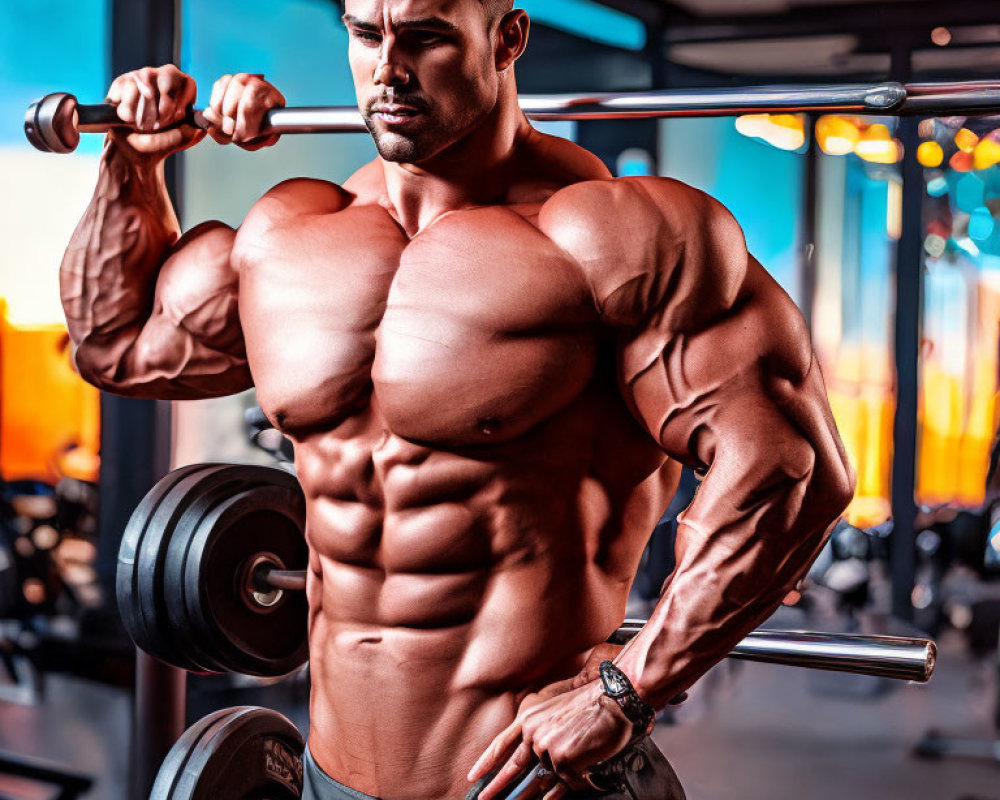 Muscular person lifting barbell in gym with colorful lights